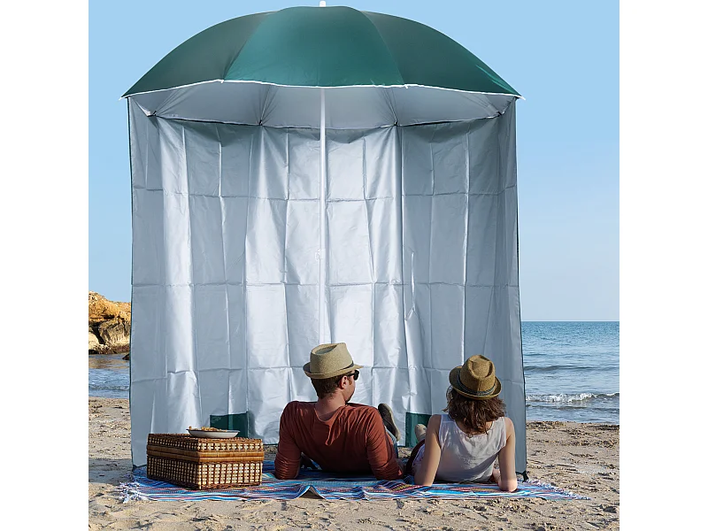 Parasol de plage Ø 2,2 x 2,2H cm protection UPF 50 + sac transport, sardines et lestage intégrés vert foncé