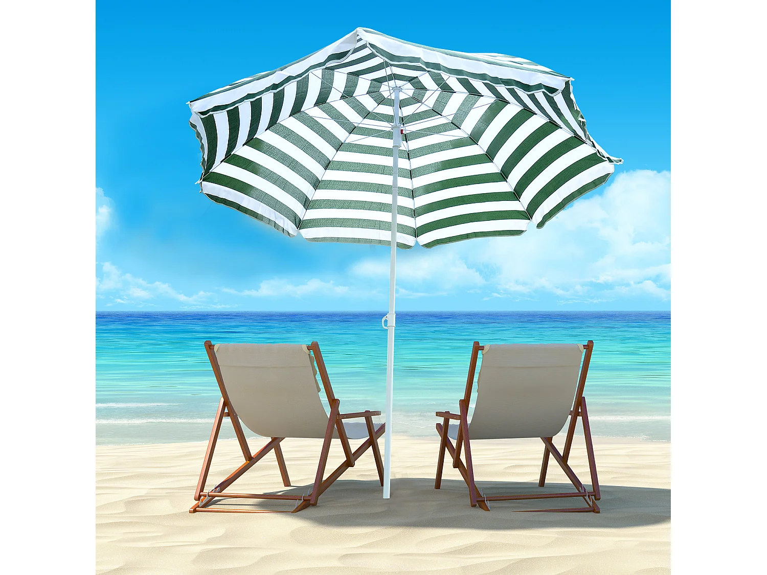 Parasol inclinable octogonal de plage Ø 180 cm tissu polyester haute densité anti-UV mât démontable vert blanc rayé