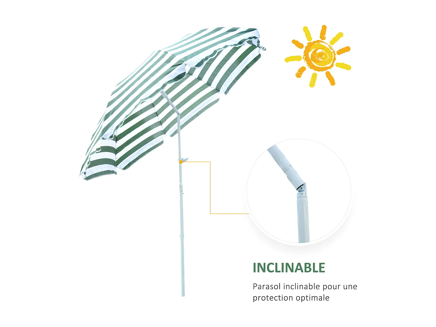 Parasol inclinable octogonal de plage Ø 180 cm tissu polyester haute densité anti-UV mât démontable vert blanc rayé