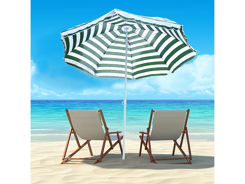 Parasol inclinable octogonal de plage Ø 180 cm tissu polyester haute densité anti-UV mât démontable vert blanc rayé