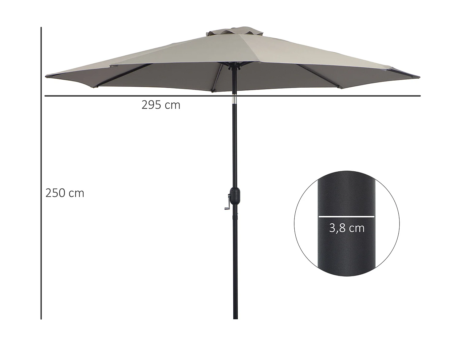 Parasol inclinable octogonal Ø 3 x 2,45 m ouverture fermeture par manivelle métal polyester haute densité gris clair