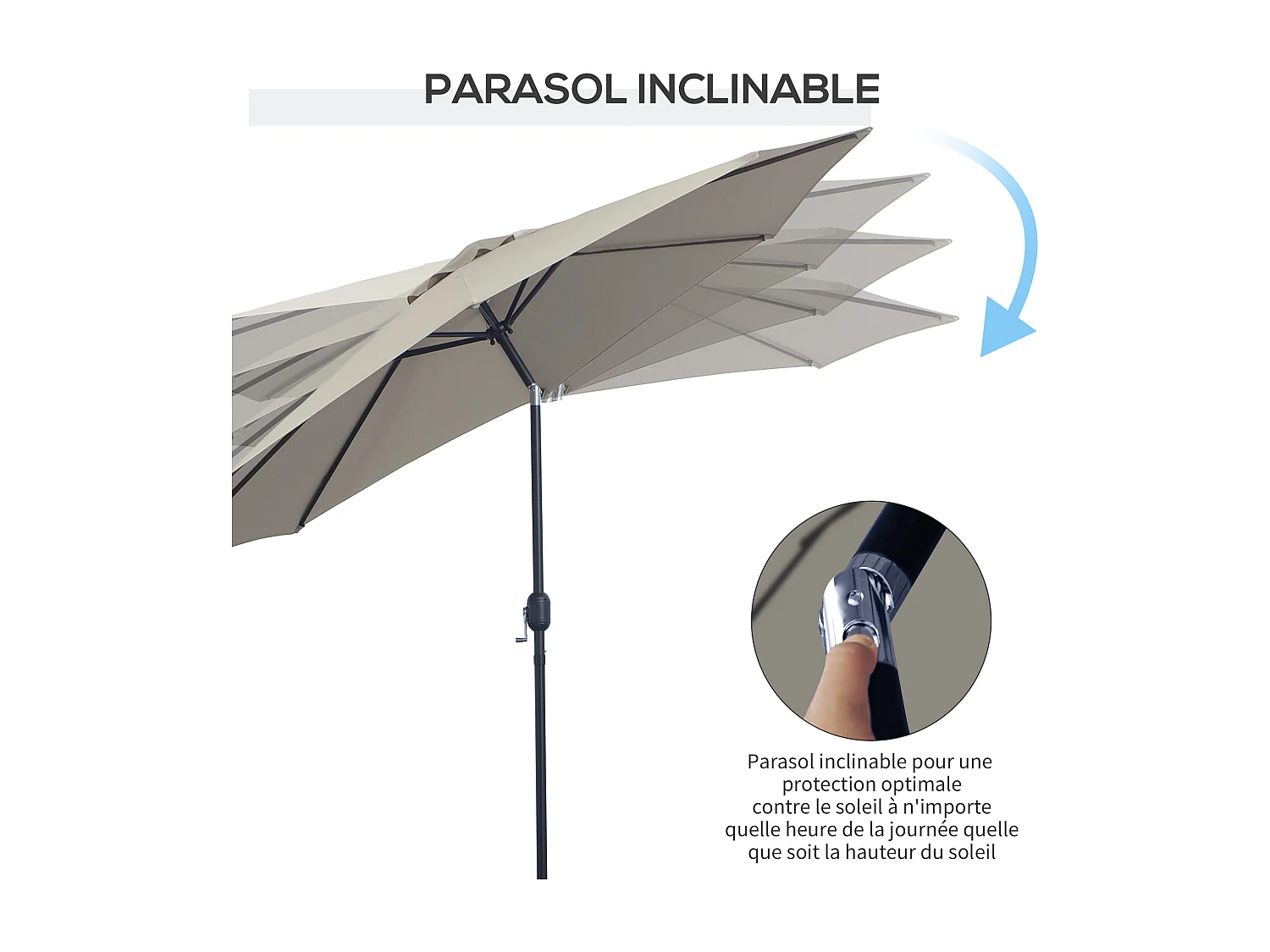 Parasol inclinable octogonal Ø 3 x 2,45 m ouverture fermeture par manivelle métal polyester haute densité gris clair