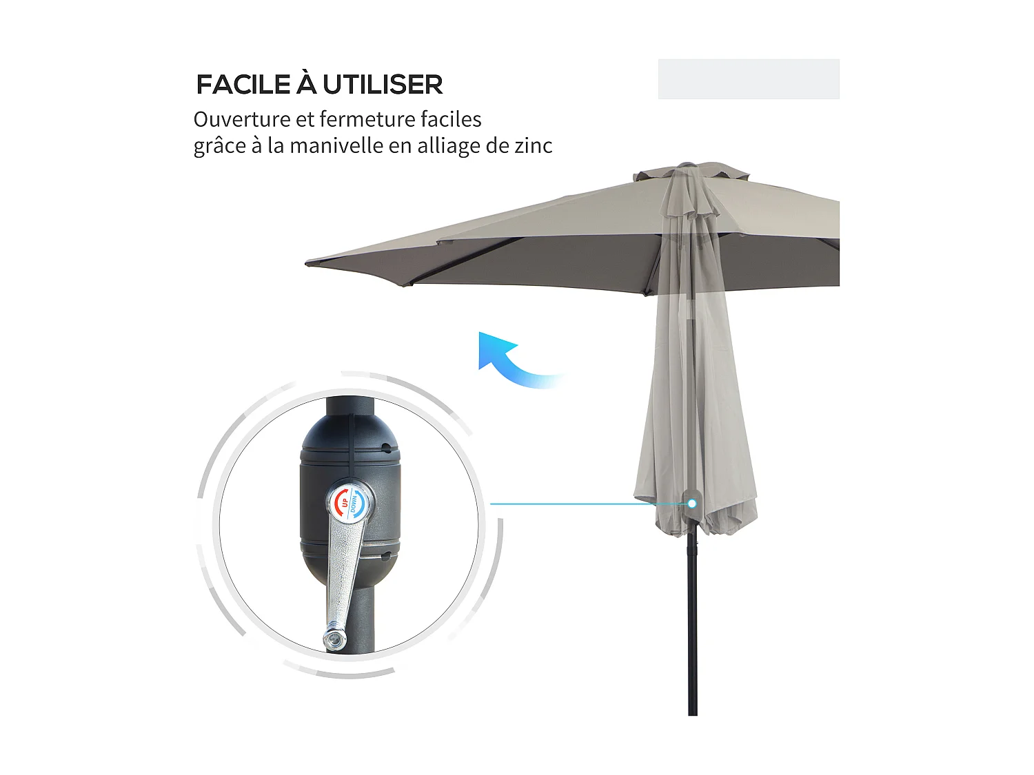 Parasol inclinable octogonal Ø 3 x 2,45 m ouverture fermeture par manivelle métal polyester haute densité gris clair
