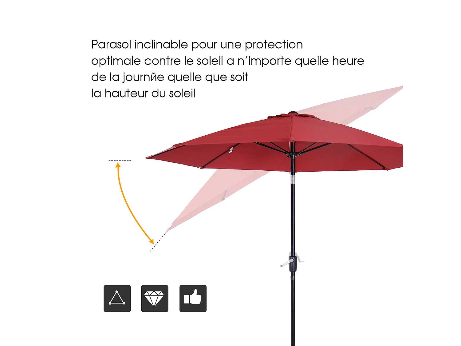 Parasol inclinable aluminium fibre de verre polyester diamètre 2,65 m coloris rouge
