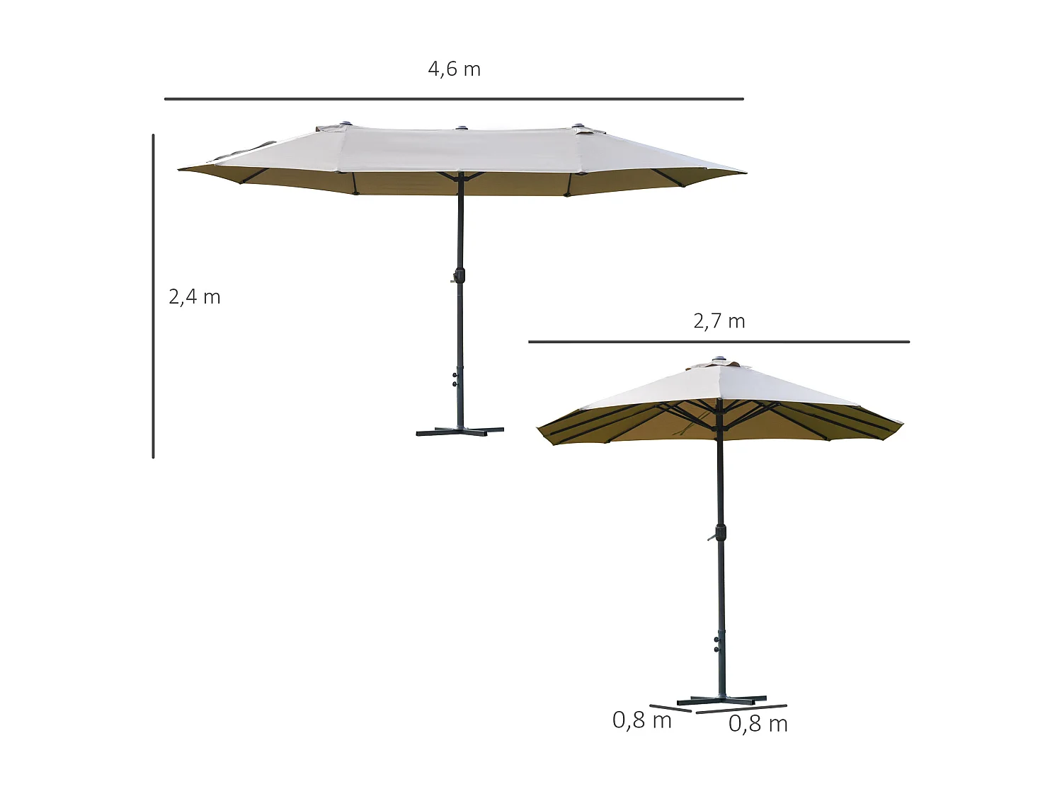 Parasol de jardin XXL parasol grande taille 4,6L x 2,7l x 2,4H m ouverture fermeture manivelle acier polyester haute densité café latte