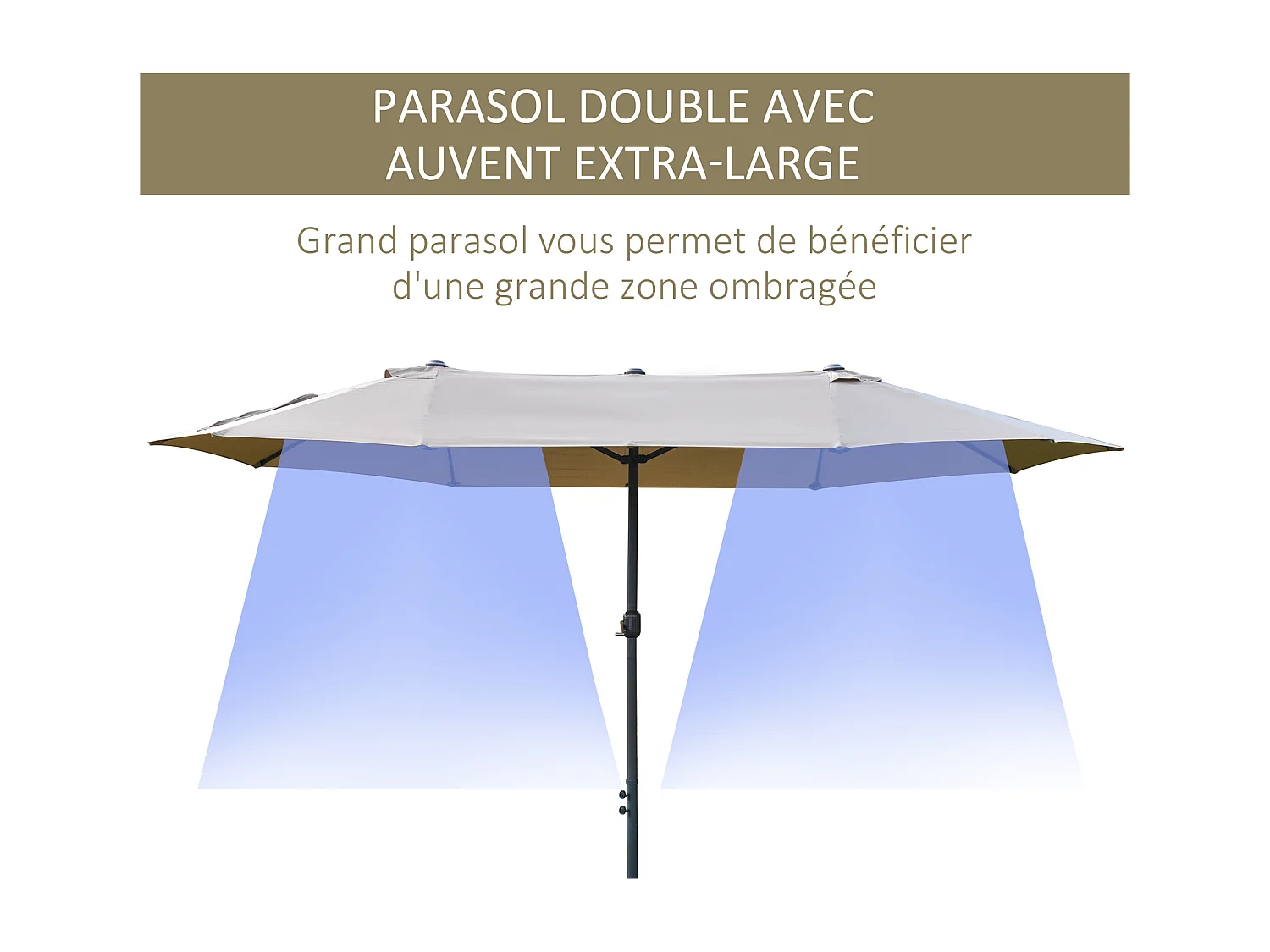 Parasol de jardin XXL parasol grande taille 4,6L x 2,7l x 2,4H m ouverture fermeture manivelle acier polyester haute densité café latte