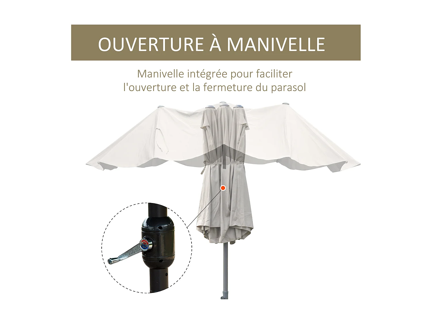 Parasol de jardin XXL parasol grande taille 4,6L x 2,7l x 2,4H m ouverture fermeture manivelle acier polyester haute densité café latte