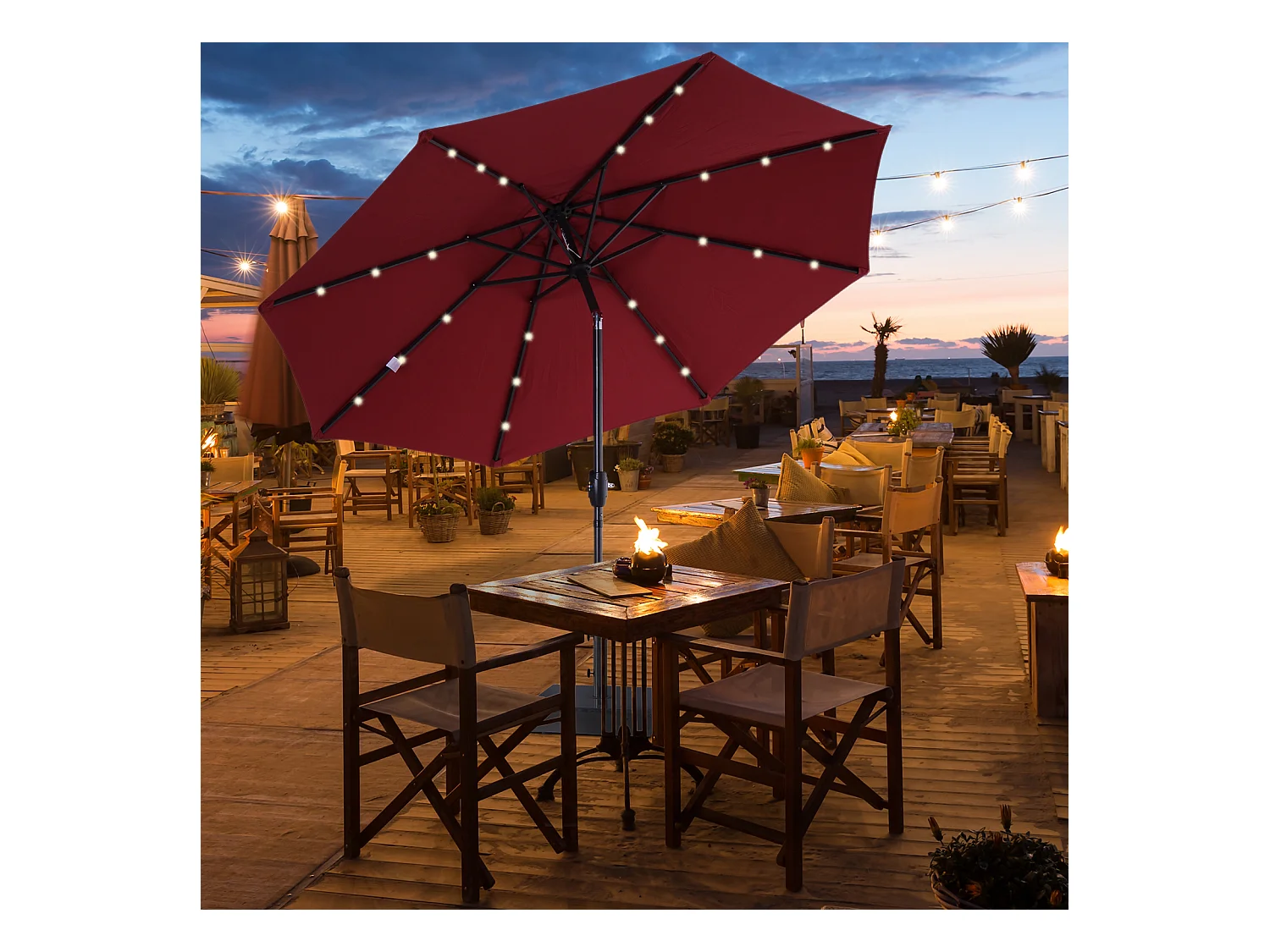 Parasol lumineux octogonal inclinable Ø 2,75 x 2,33 m parasol LED solaire métal polyester haute densité 180 g/m² bordeaux