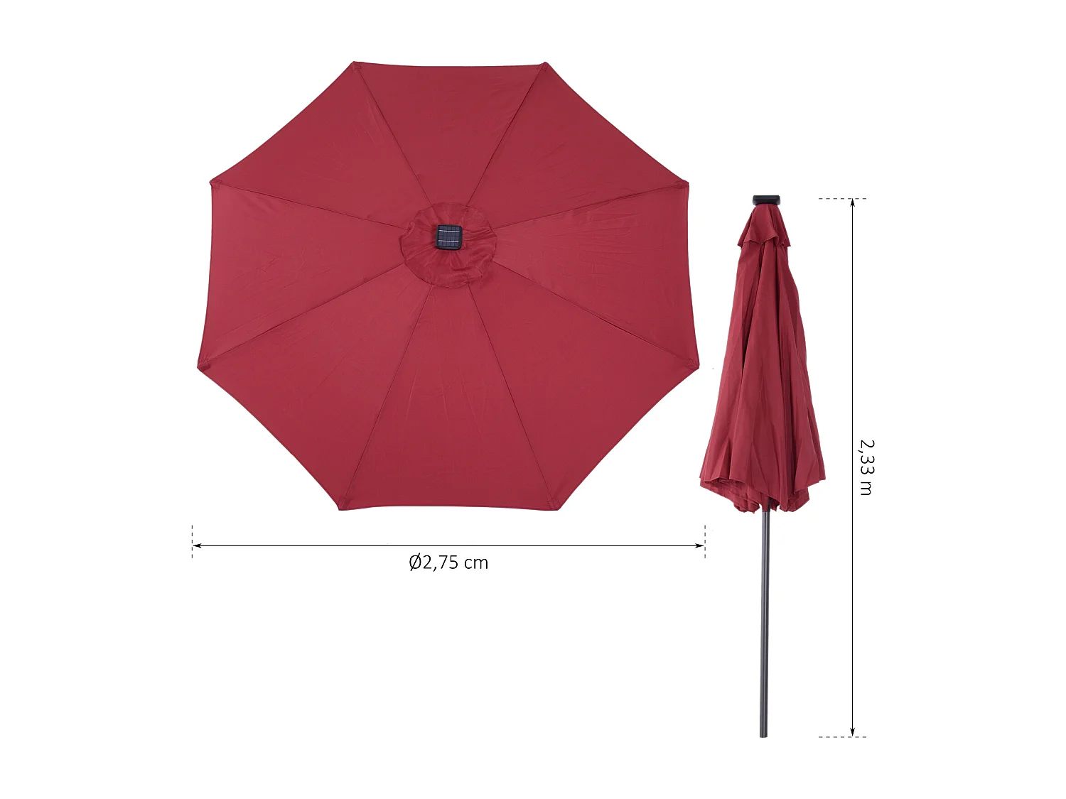 Parasol lumineux octogonal inclinable Ø 2,75 x 2,33 m parasol LED solaire métal polyester haute densité 180 g/m² bordeaux