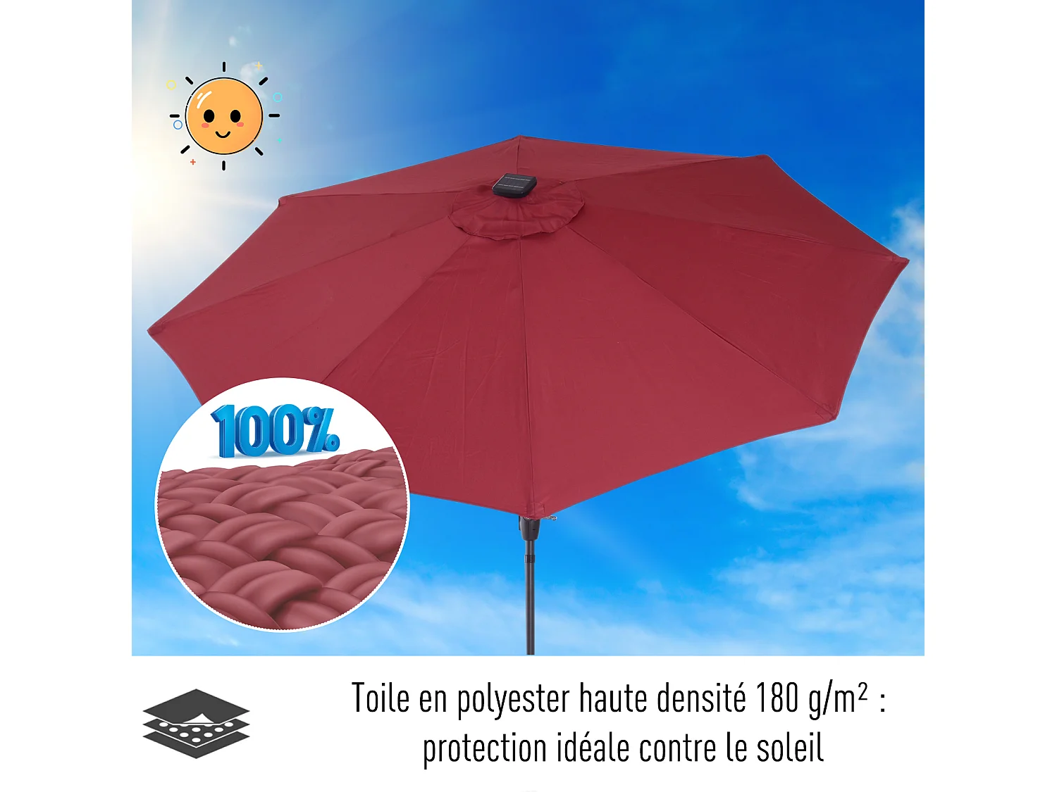 Parasol lumineux octogonal inclinable Ø 2,75 x 2,33 m parasol LED solaire métal polyester haute densité 180 g/m² bordeaux