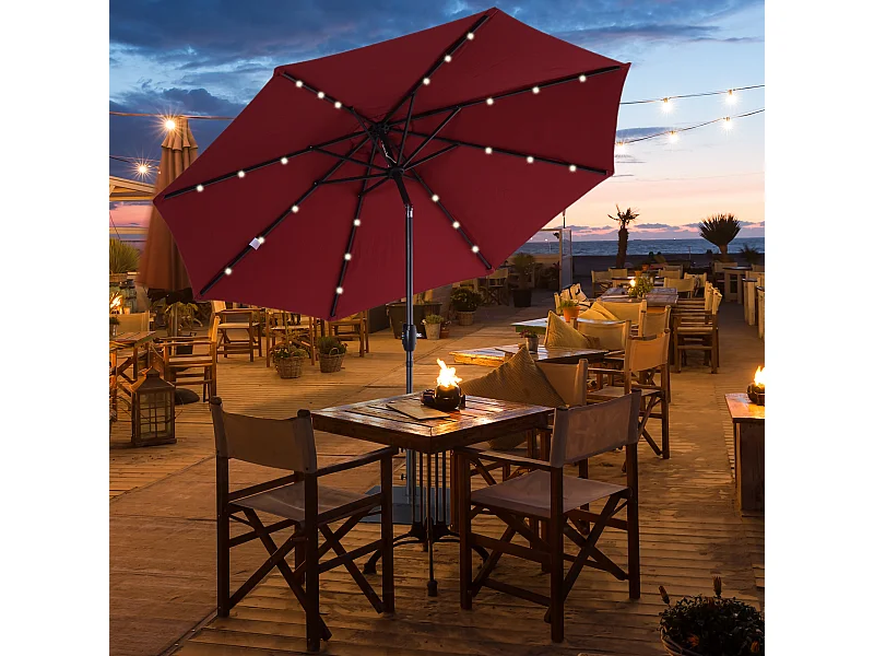 Parasol lumineux octogonal inclinable Ø 2,75 x 2,33 m parasol LED solaire métal polyester haute densité 180 g/m² bordeaux