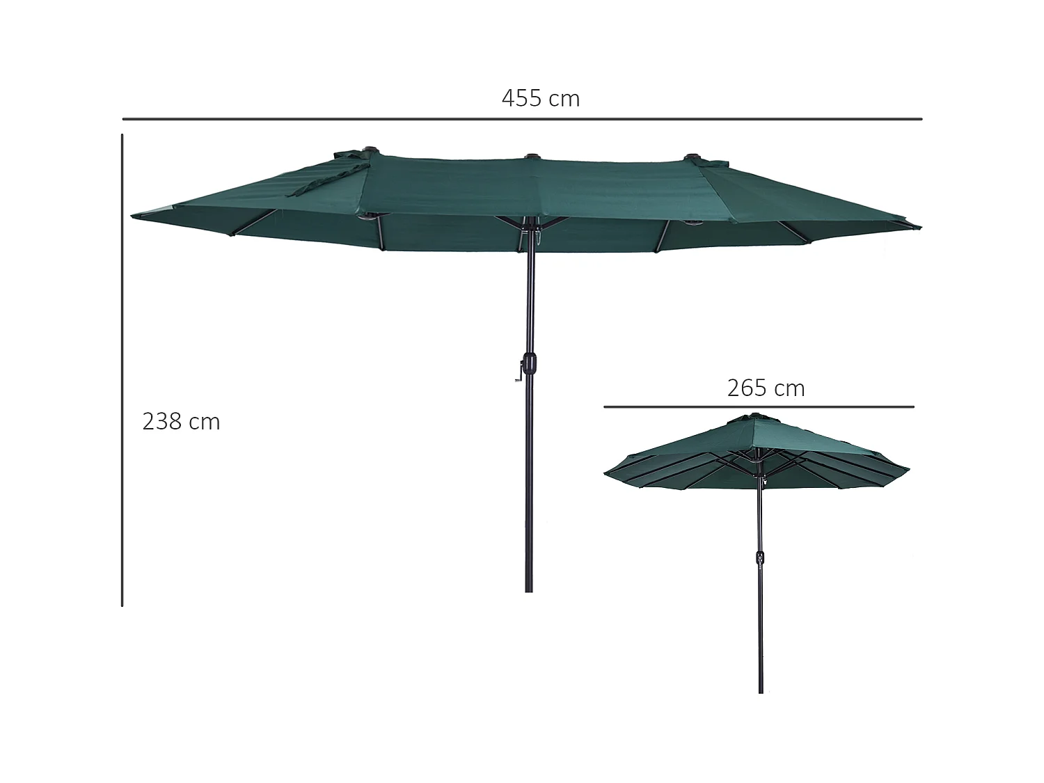 Parasol de jardin XXL parasol grande taille 4,6L x 2,7l x 2,4H m ouverture fermeture manivelle acier polyester haute densité vert