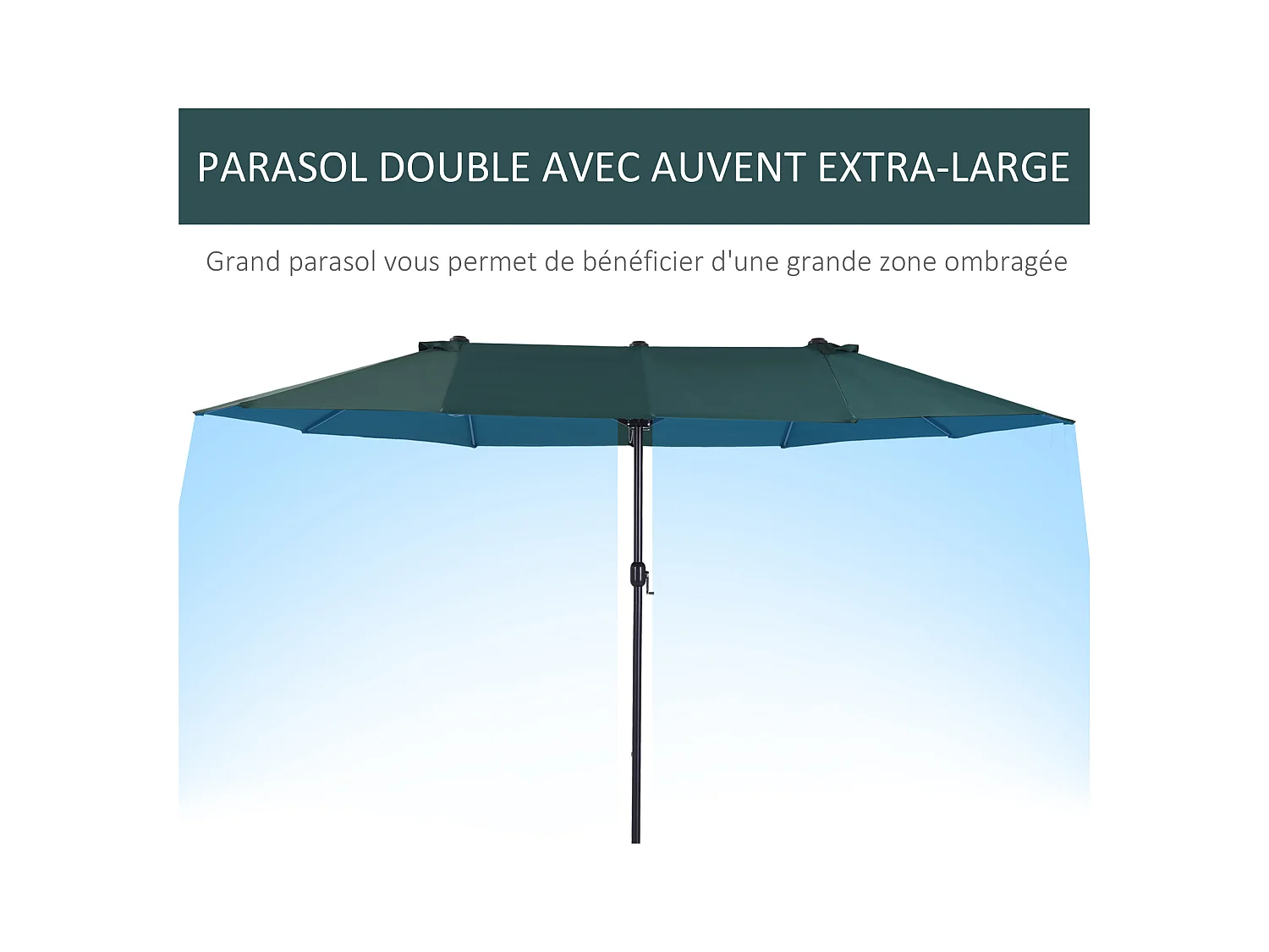 Parasol de jardin XXL parasol grande taille 4,6L x 2,7l x 2,4H m ouverture fermeture manivelle acier polyester haute densité vert