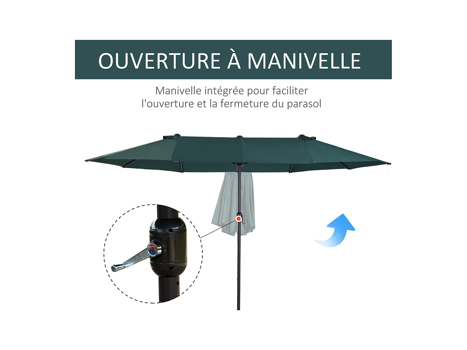 Parasol de jardin XXL parasol grande taille 4,6L x 2,7l x 2,4H m ouverture fermeture manivelle acier polyester haute densité vert