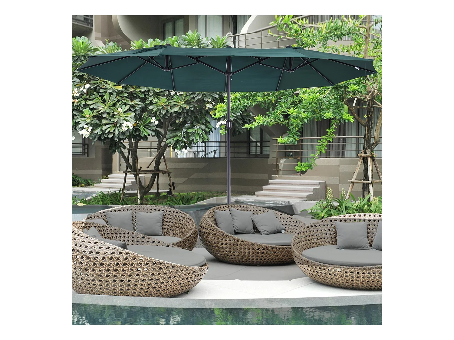 Parasol de jardin XXL parasol grande taille 4,6L x 2,7l x 2,4H m ouverture fermeture manivelle acier polyester haute densité vert