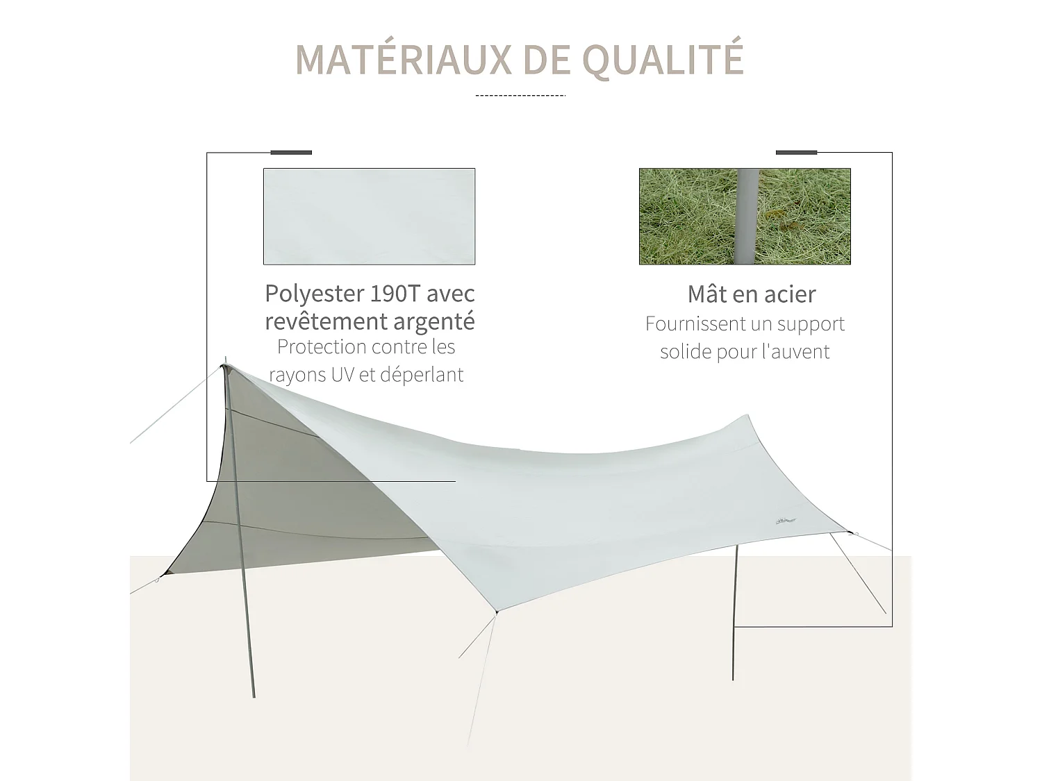 Bâche anti-pluie voile d'ombrage toile de camping 5,6L x 5,5l m polyester haute densité 190T imperméable gris