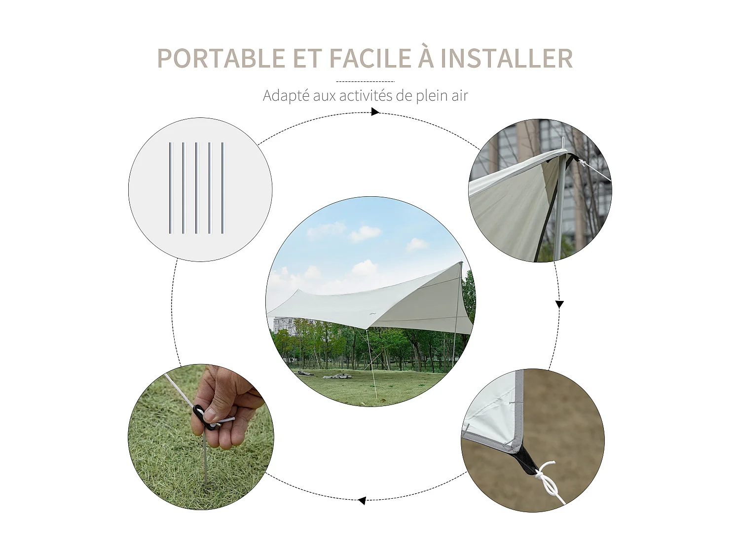 Bâche anti-pluie voile d'ombrage toile de camping 5,6L x 5,5l m polyester haute densité 190T imperméable gris