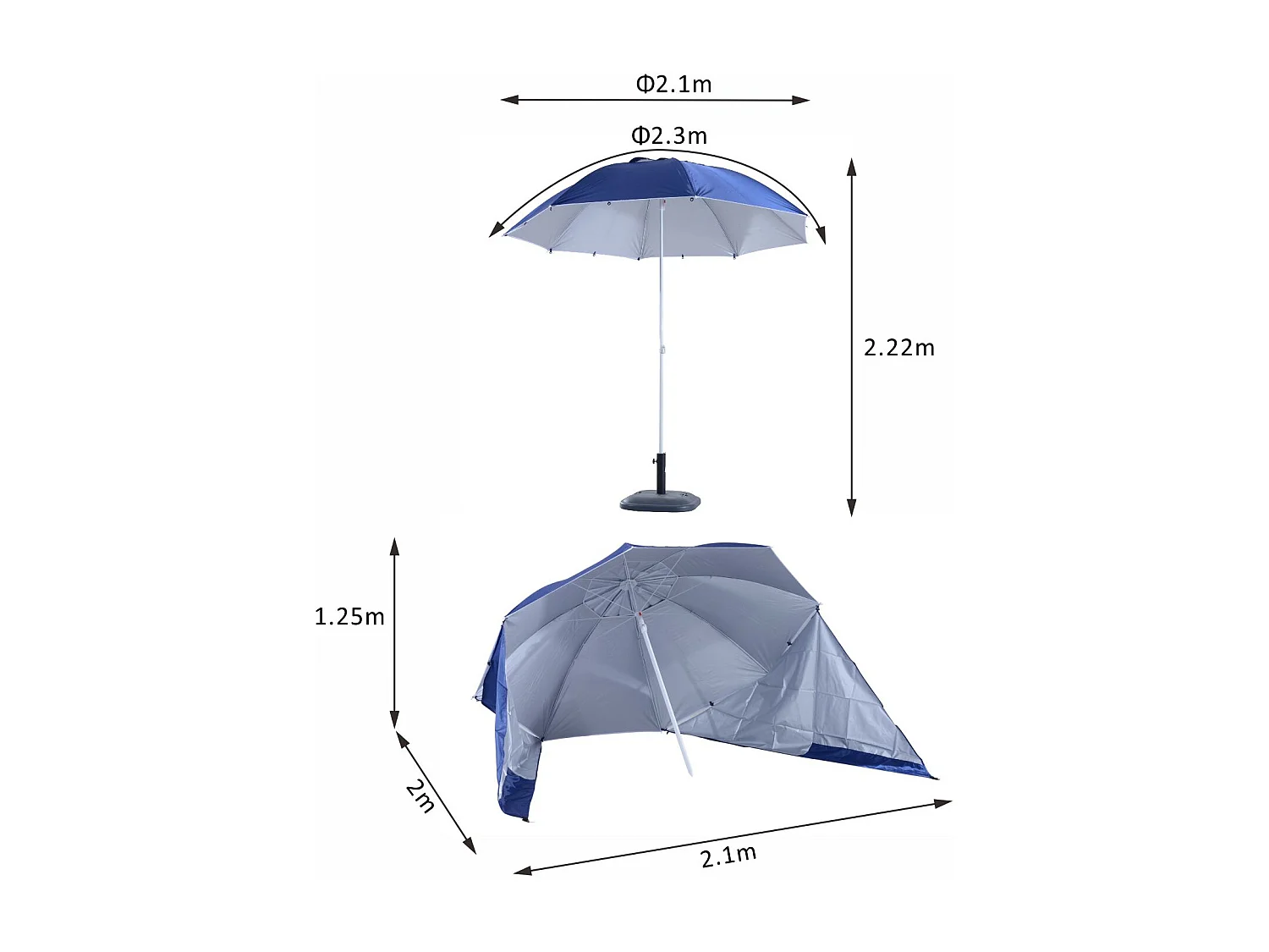 Parasol abri solaire contemporain protection UPF 50+ sac transport fourni bleu marine