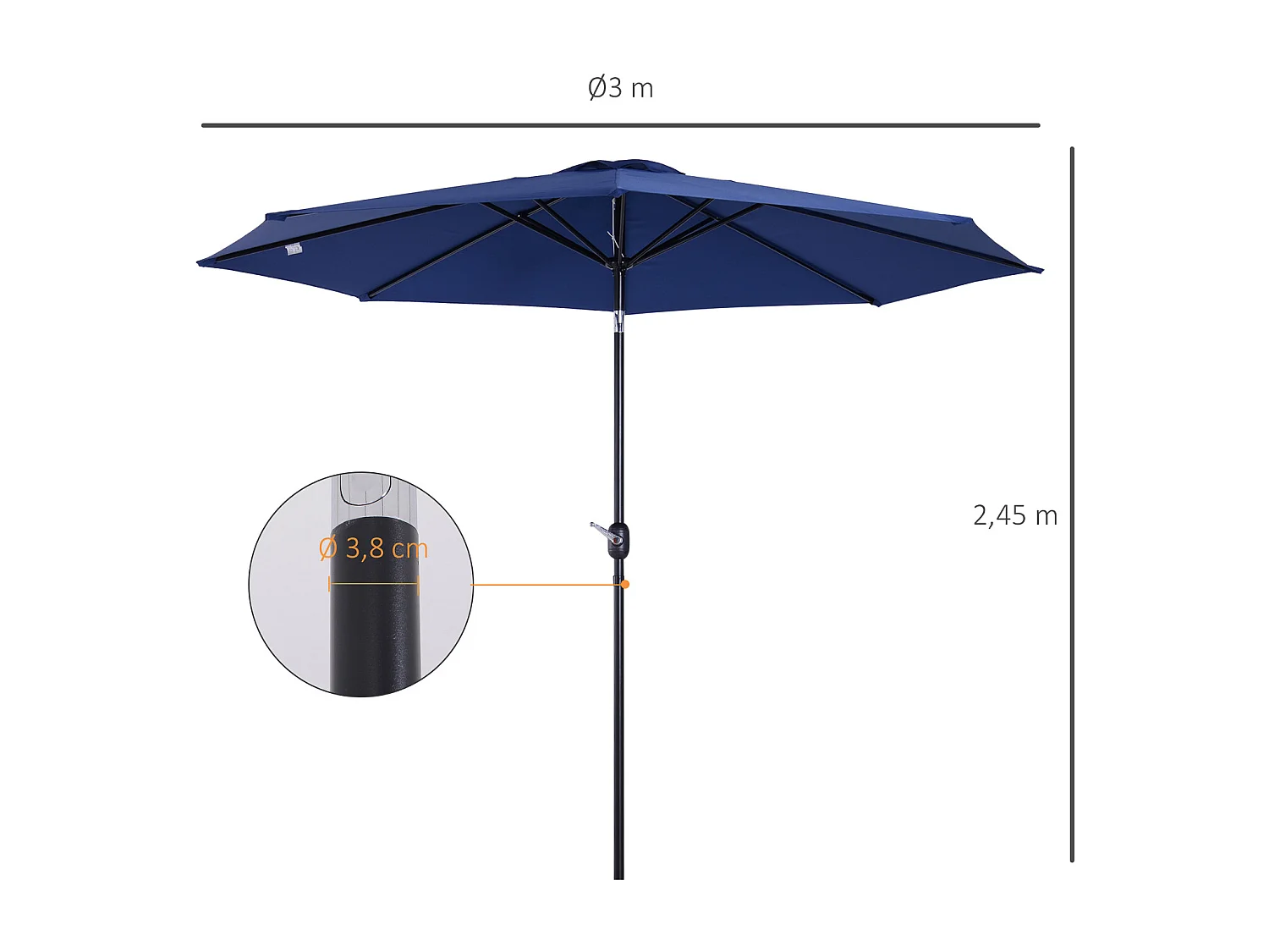 Parasol en métal rond polyester 180g/m² manivelle inclinable Ø 3 x 2,45 m bleu