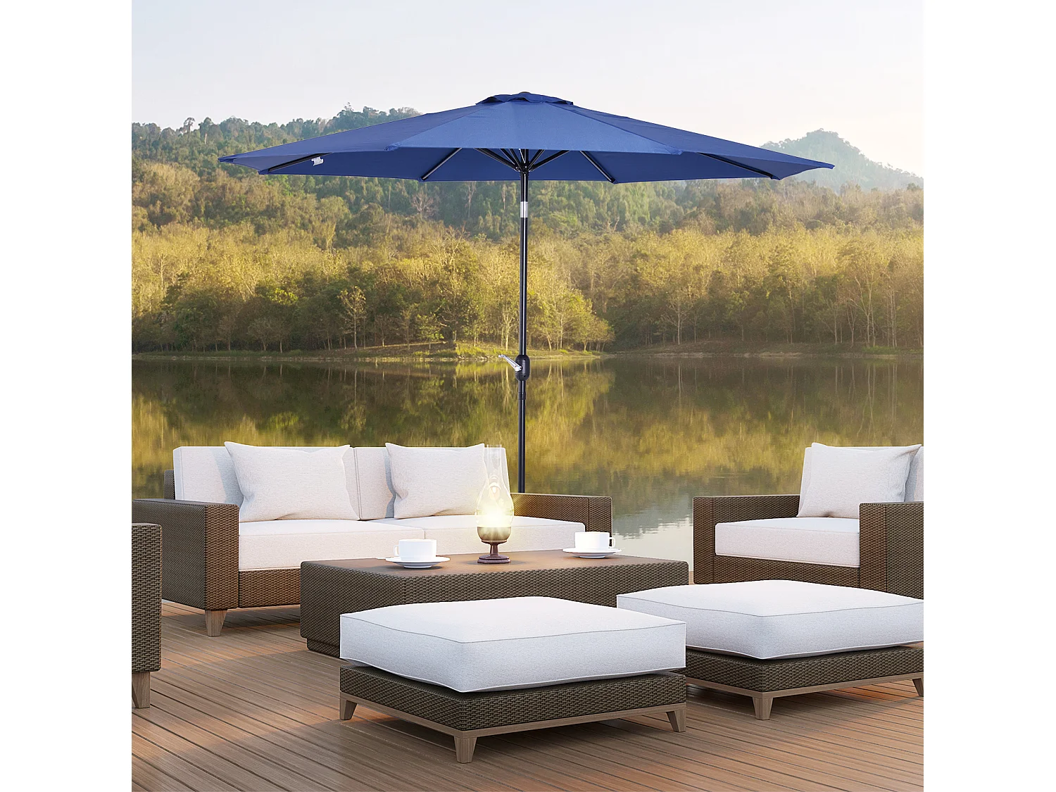 Parasol en métal rond polyester 180g/m² manivelle inclinable Ø 3 x 2,45 m bleu