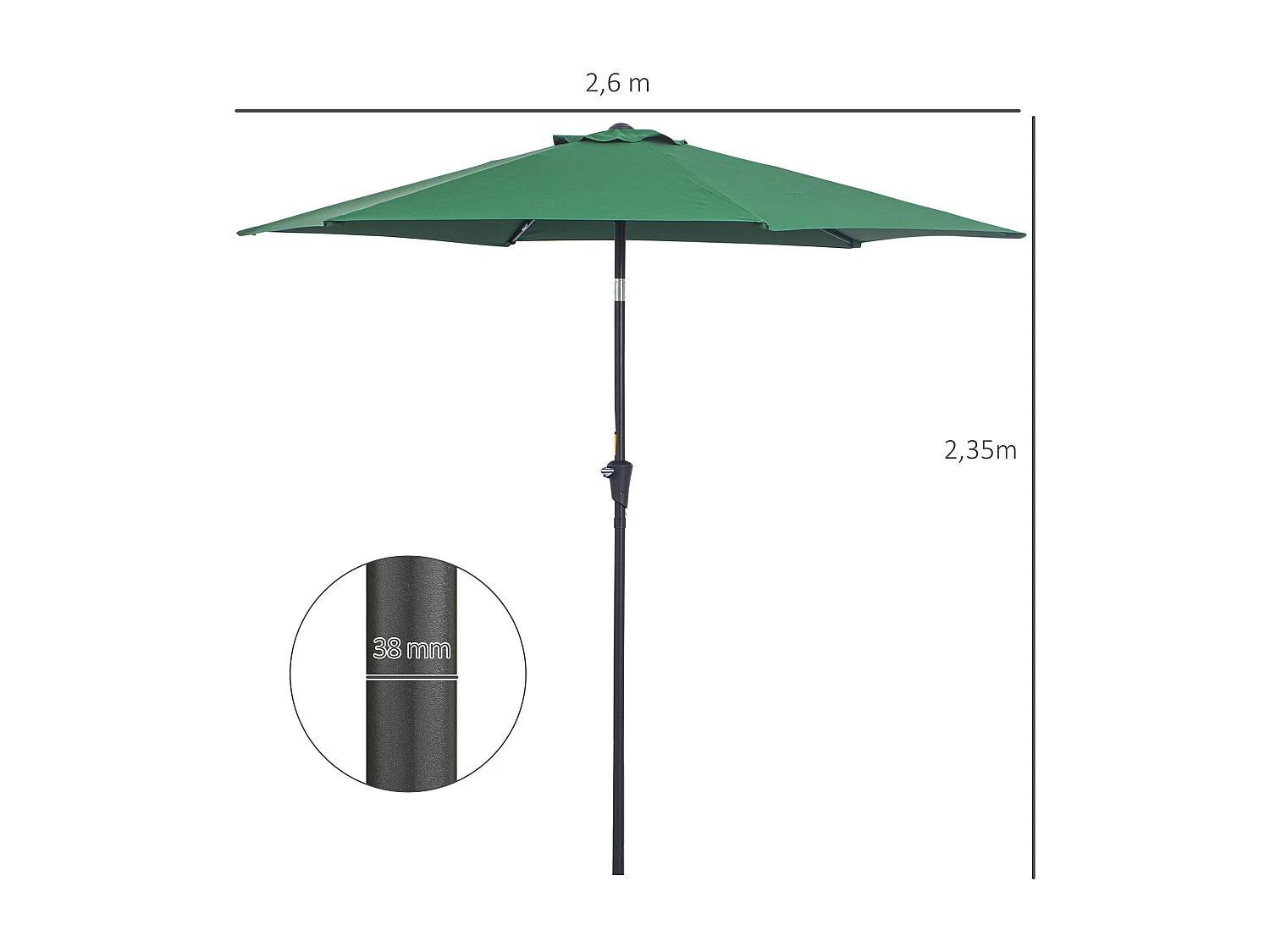 Parasol inclinable de jardin balcon terrasse manivelle toile polyester imperméabilisée haute densité 180 g/m² Ø2,7 x 2,35H m alu vert