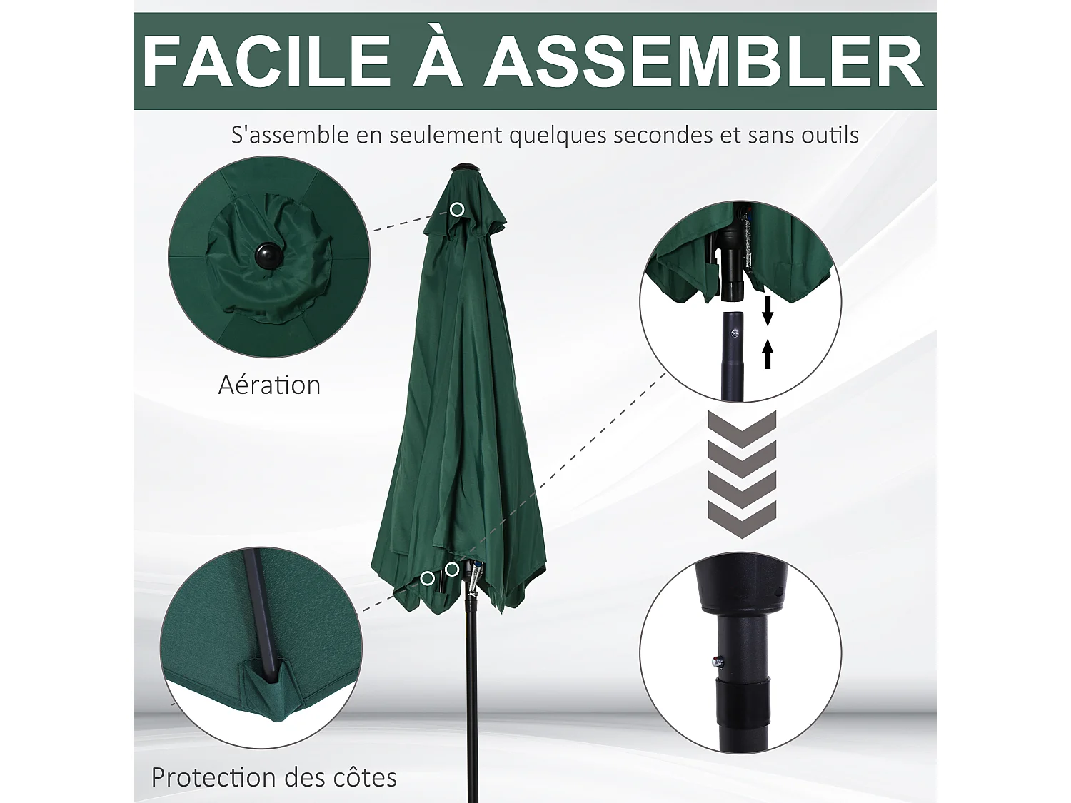 Parasol inclinable de jardin balcon terrasse manivelle toile polyester imperméabilisée haute densité 180 g/m² Ø2,7 x 2,35H m alu vert