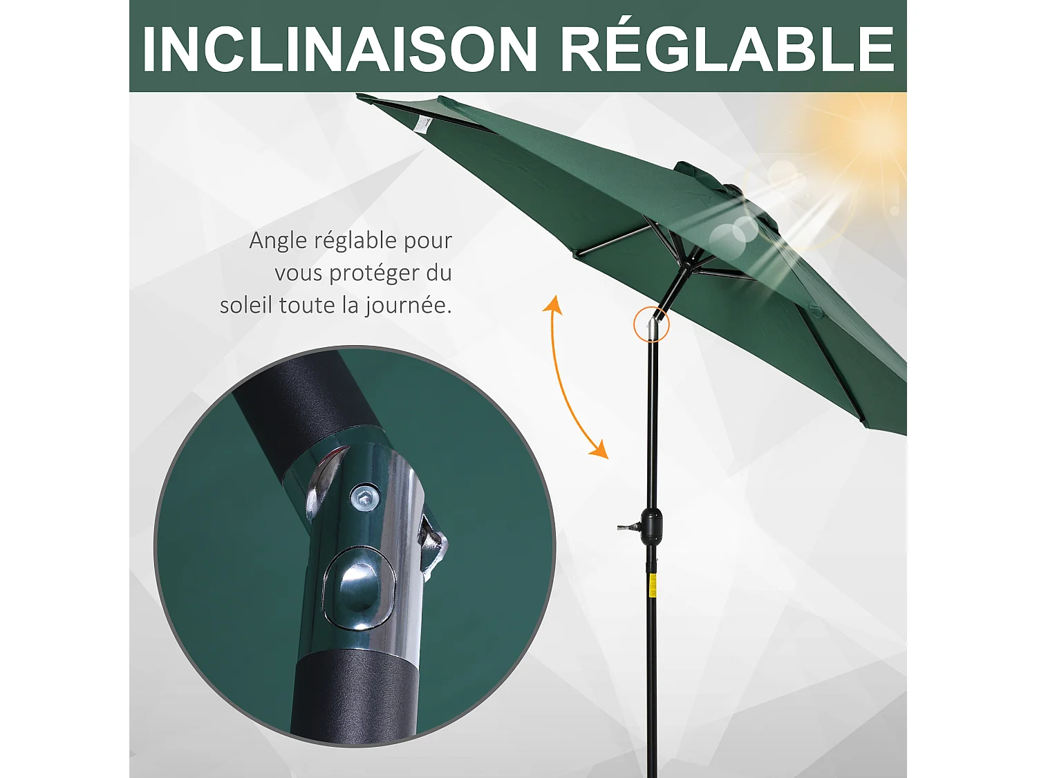 Parasol inclinable de jardin balcon terrasse manivelle toile polyester imperméabilisée haute densité 180 g/m² Ø2,7 x 2,35H m alu vert