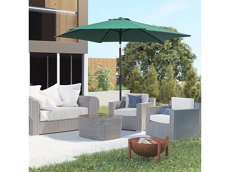 Parasol inclinable de jardin balcon terrasse manivelle toile polyester imperméabilisée haute densité 180 g/m² Ø2,7 x 2,35H m alu vert