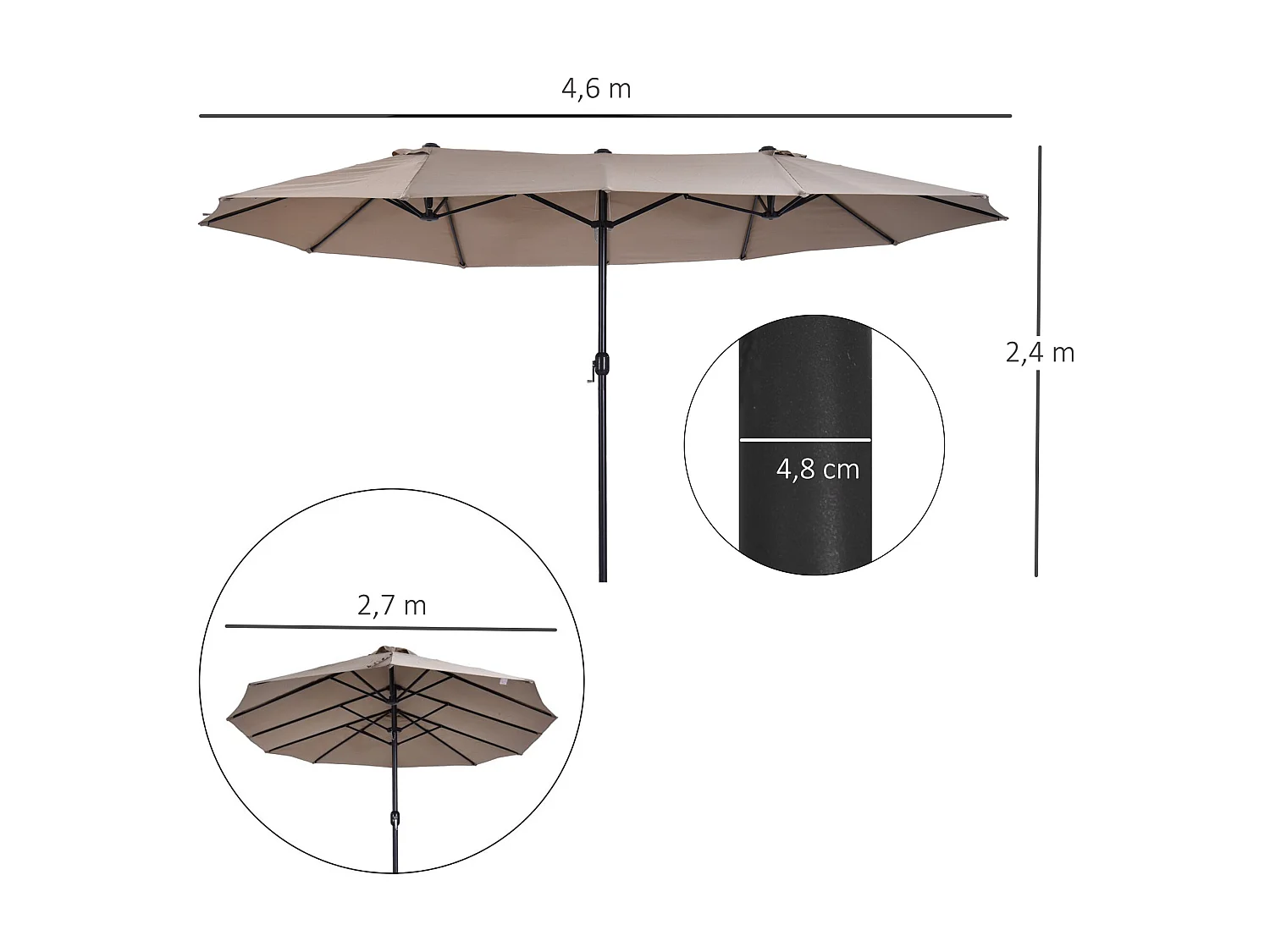 Parasol de jardin XXL parasol grande taille 4,6L x 2,7l x 2,4H m ouverture fermeture manivelle acier polyester haute densité marron