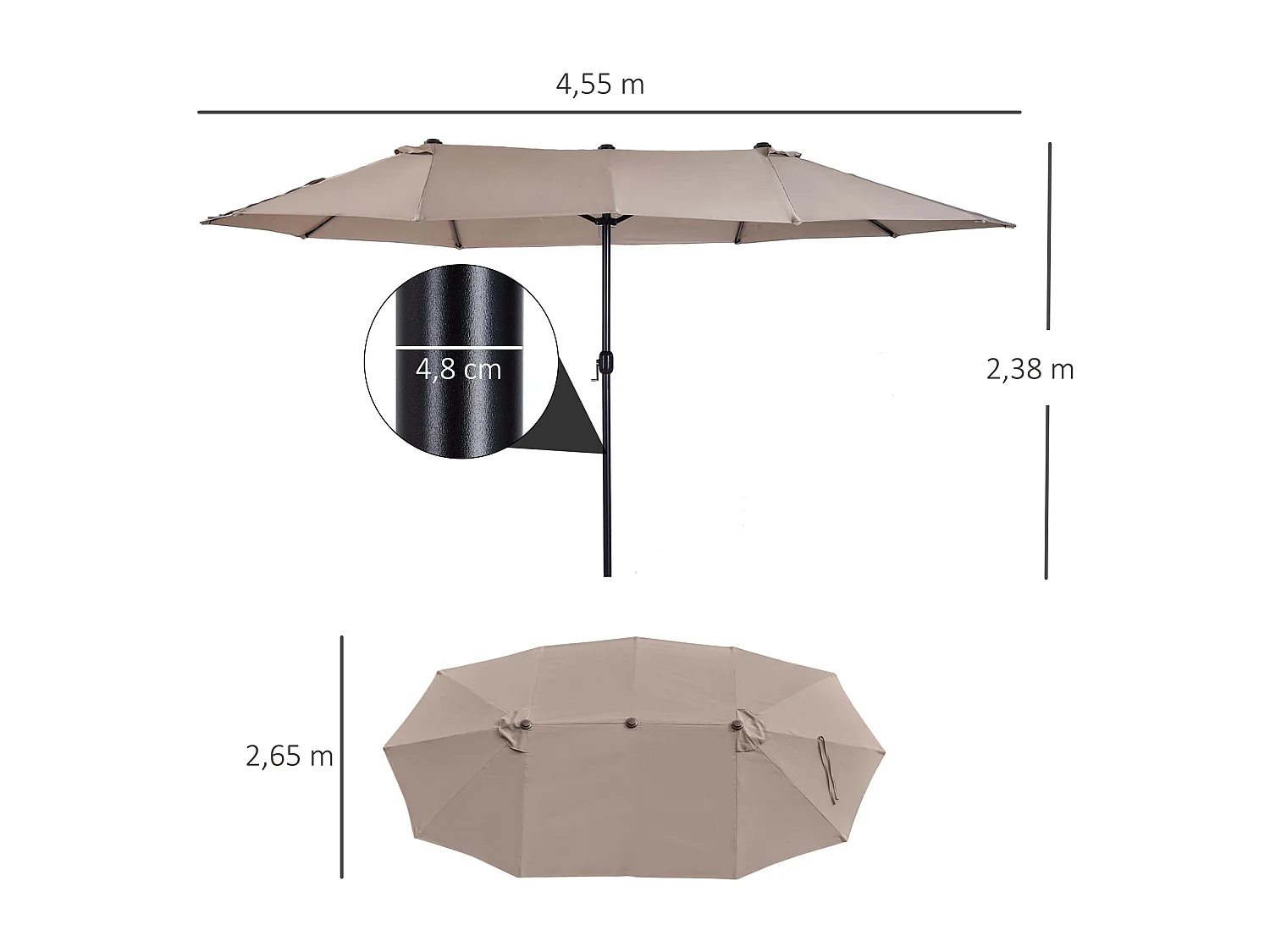 Parasol de jardin XXL parasol grande taille 4,6L x 2,7l x 2,4H m ouverture fermeture manivelle acier polyester haute densité marron
