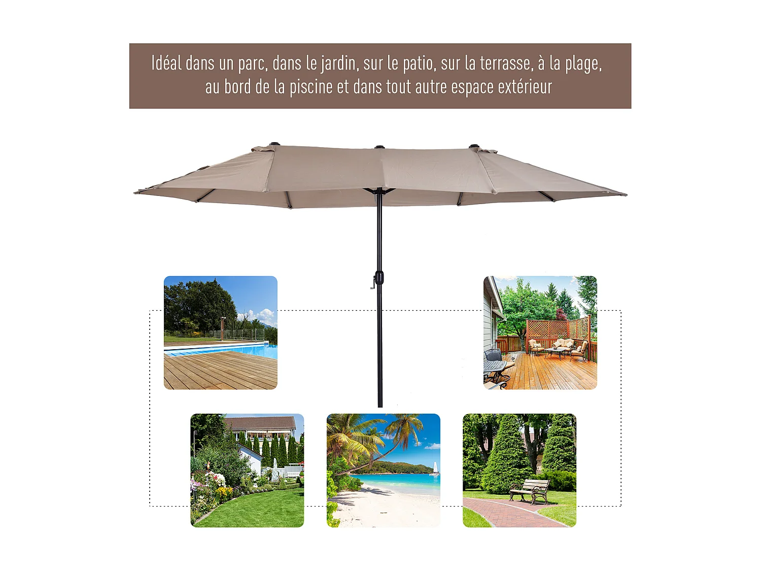 Parasol de jardin XXL parasol grande taille 4,6L x 2,7l x 2,4H m ouverture fermeture manivelle acier polyester haute densité marron