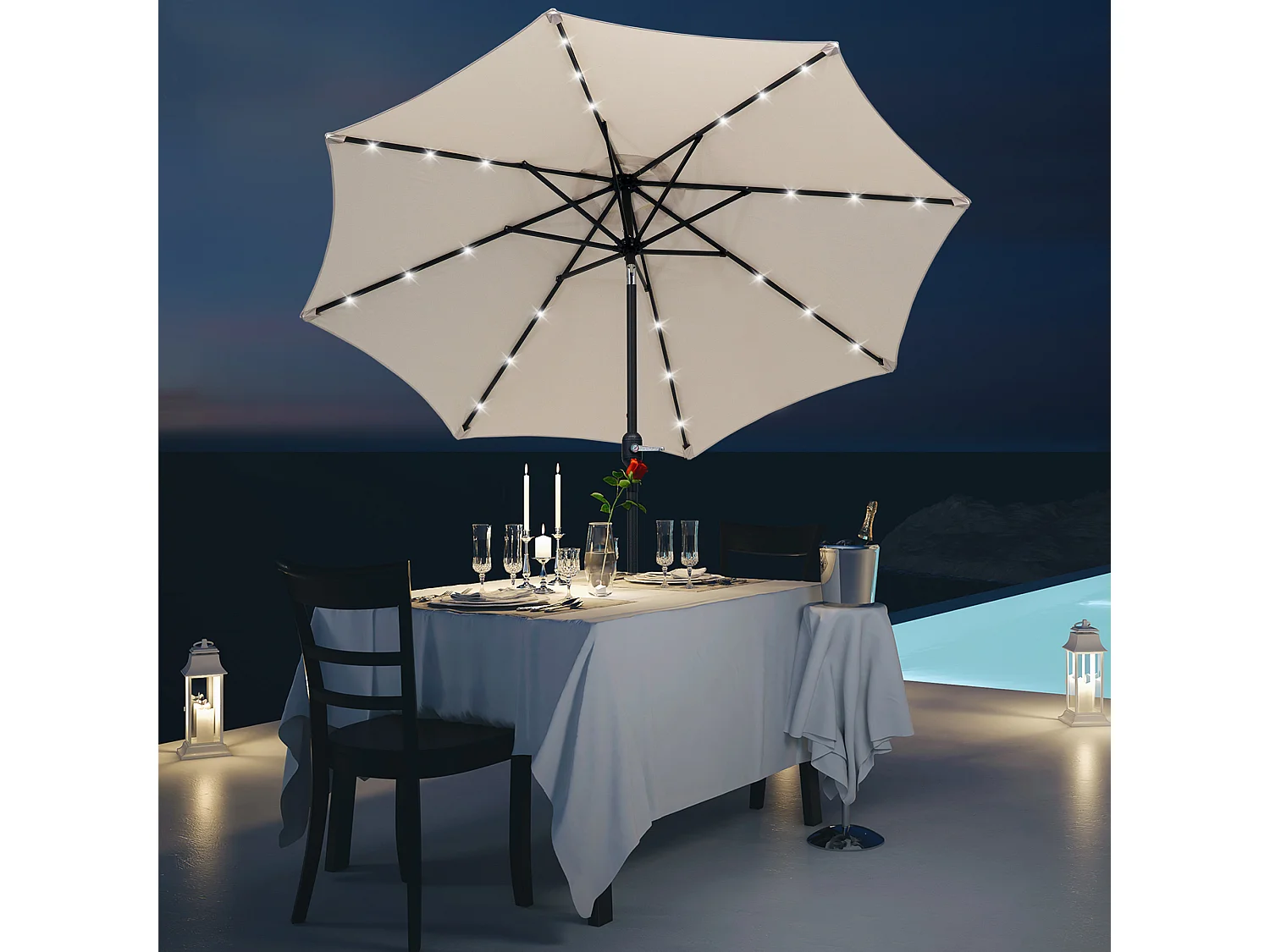 Parasol octogonal inclinable Ø 2,67 x 2,4 m lumineux solaire 24 LED polyester haute densité 180 g/m² crème