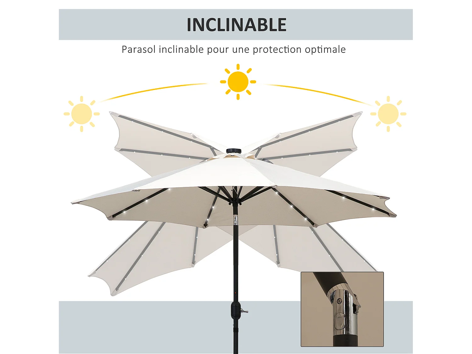 Parasol octogonal inclinable Ø 2,67 x 2,4 m lumineux solaire 24 LED polyester haute densité 180 g/m² crème