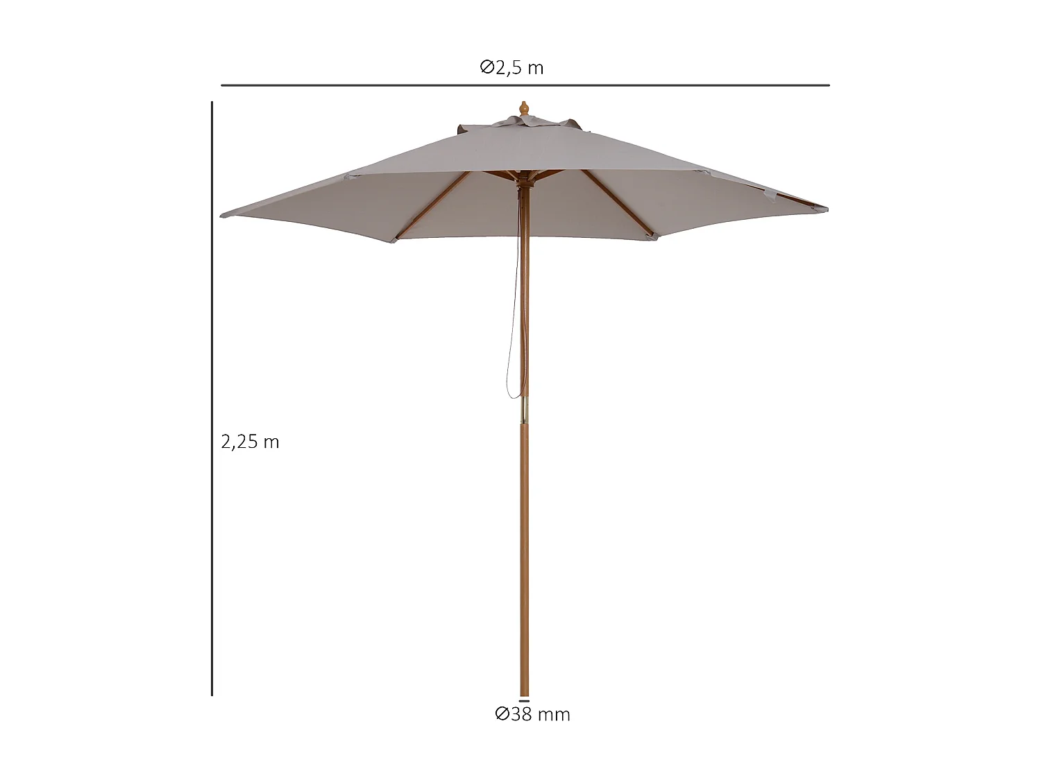 Parasol droit hexagonal de jardin grande taille dim. Ø 2,5 x 2,3H m bambou polyester gris