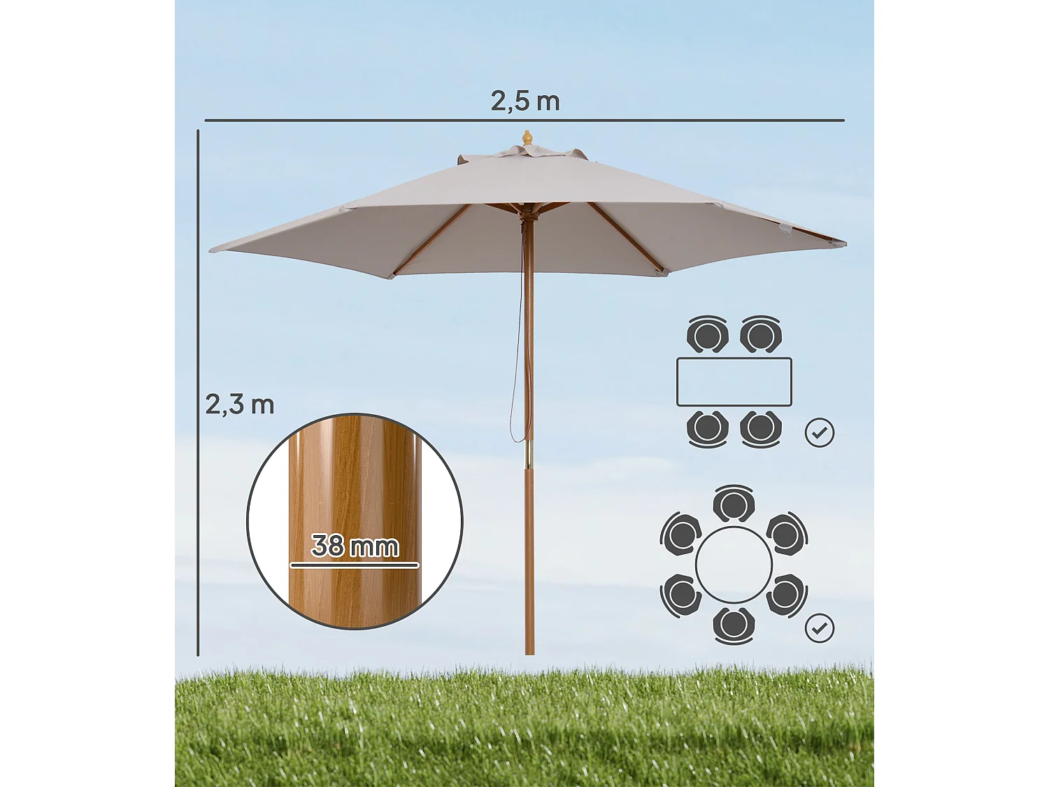 Parasol droit hexagonal de jardin grande taille dim. Ø 2,5 x 2,3H m bambou polyester gris