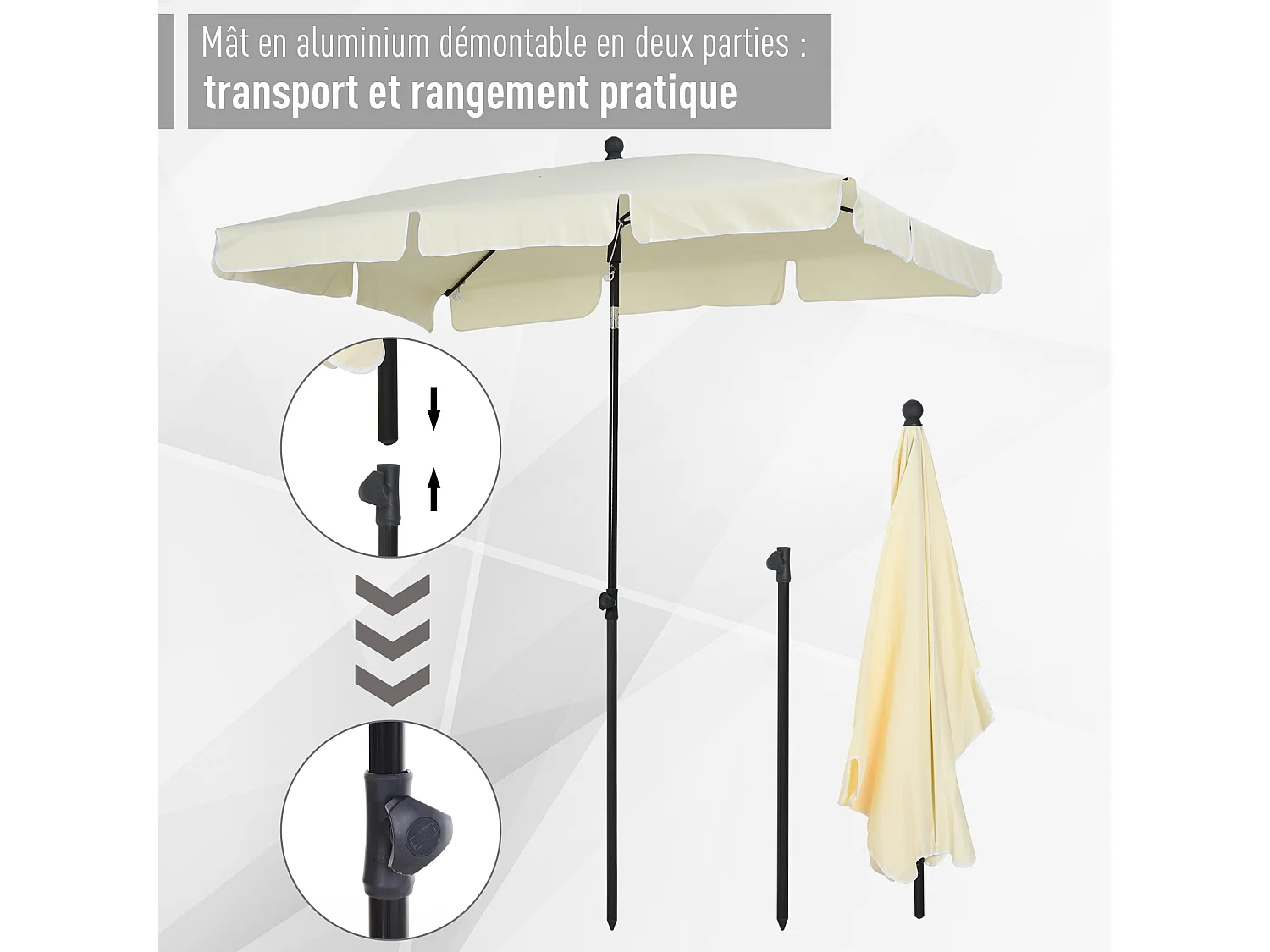 Parasol rectangulaire inclinable alu acier polyester haute densité diamètre 2 m beige clair