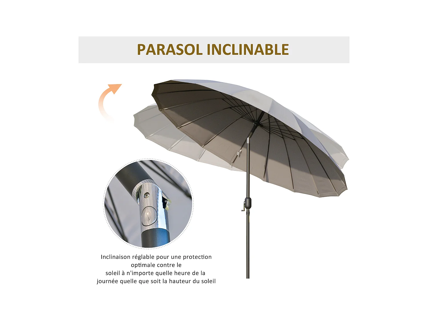 Parasol inclinable rond avec manivelle métal fibre de verre Ø 2,55 m polyester haute densité gris