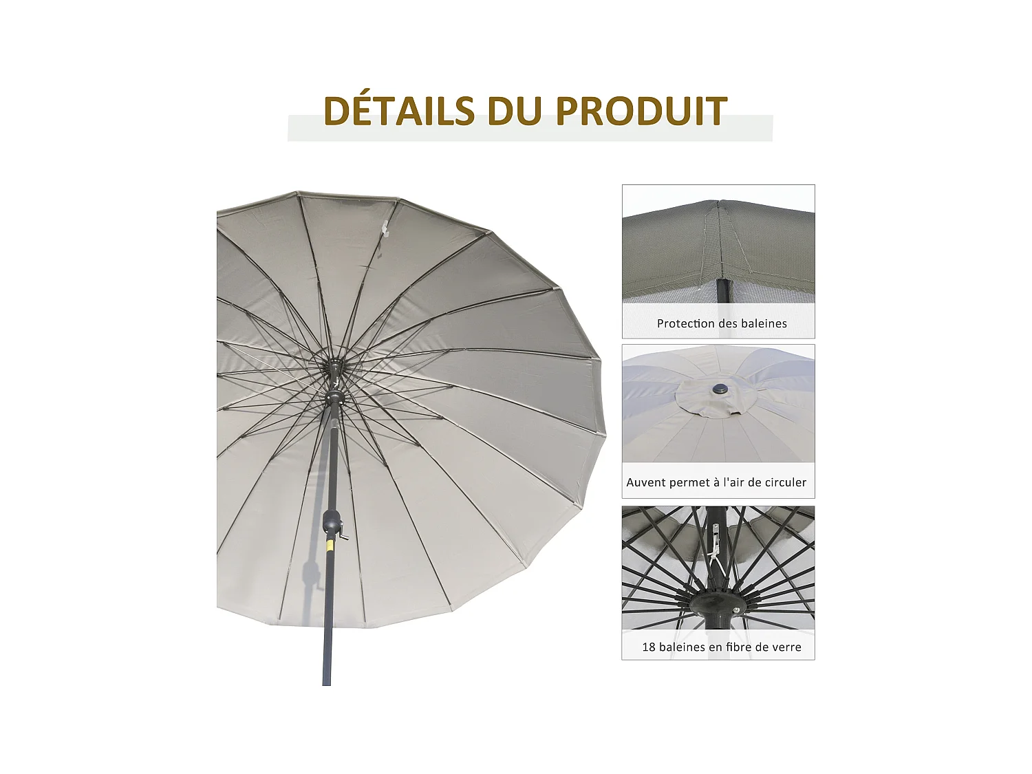 Parasol inclinable rond avec manivelle métal fibre de verre Ø 2,55 m polyester haute densité gris