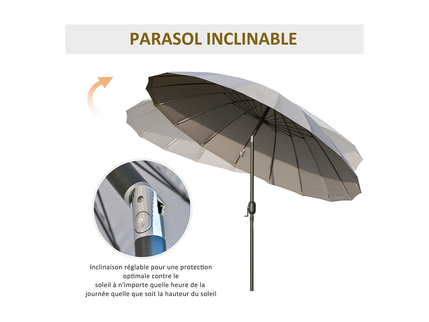 Parasol inclinable rond avec manivelle métal fibre de verre Ø 2,55 m polyester haute densité gris