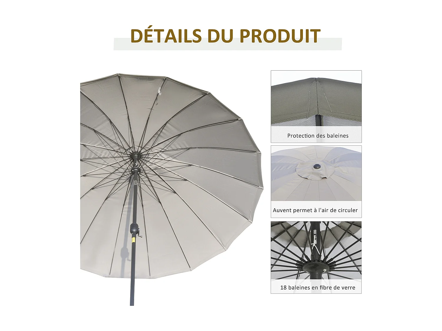 Parasol inclinable rond avec manivelle métal fibre de verre Ø 2,55 m polyester haute densité gris