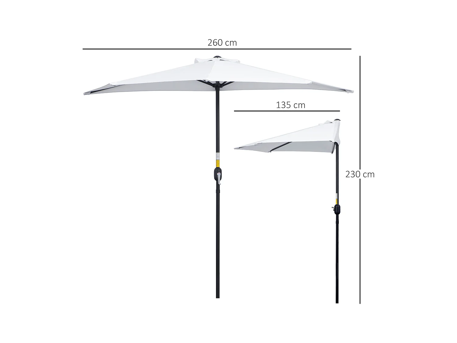 Demi parasol - parasol de balcon - ouverture fermeture manivelle - acier polyester haute densité blanc