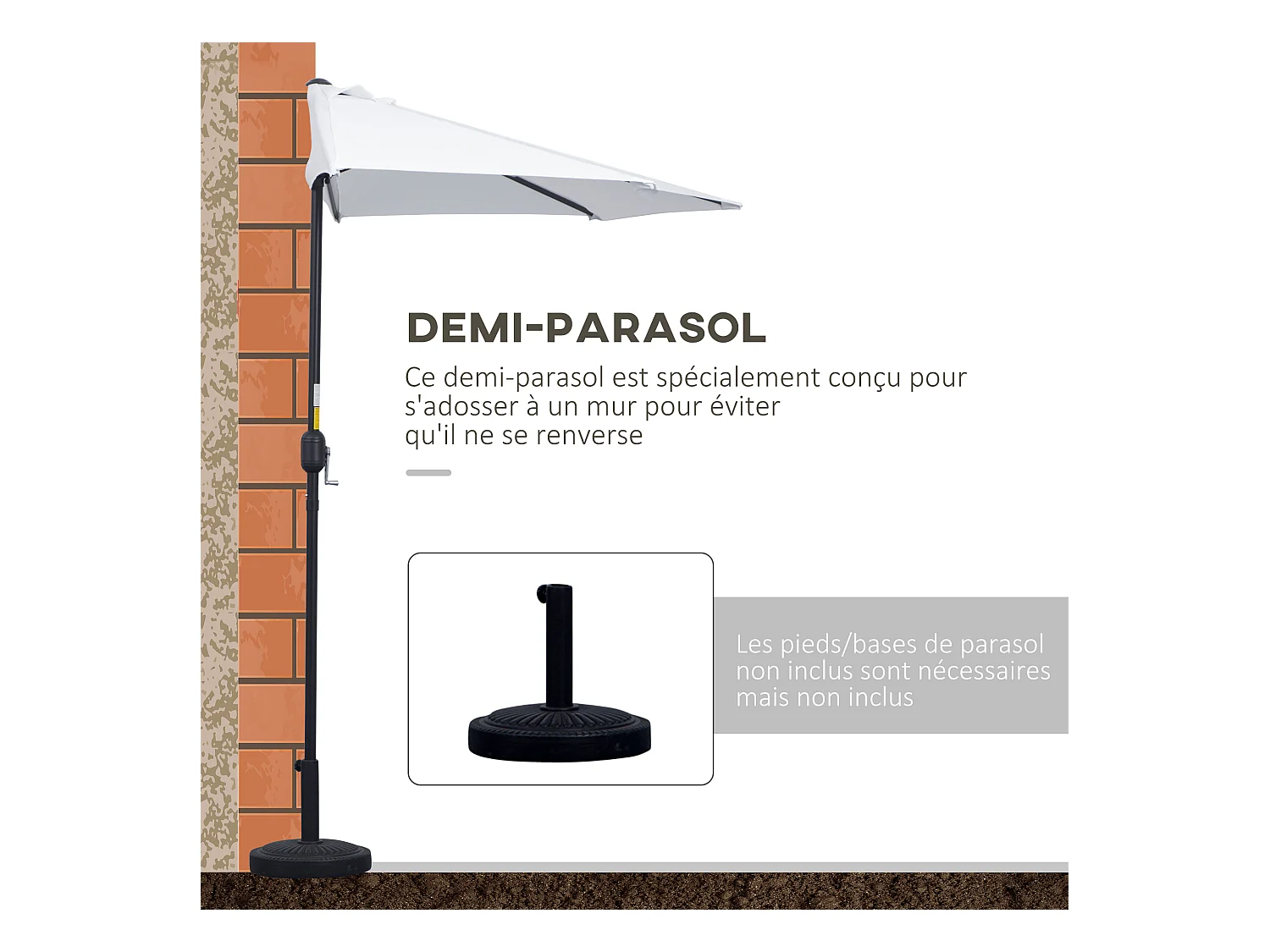 Demi parasol - parasol de balcon - ouverture fermeture manivelle - acier polyester haute densité blanc
