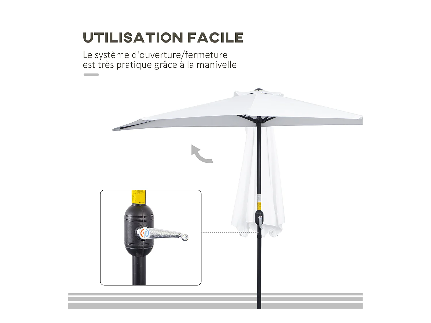 Demi parasol - parasol de balcon - ouverture fermeture manivelle - acier polyester haute densité blanc