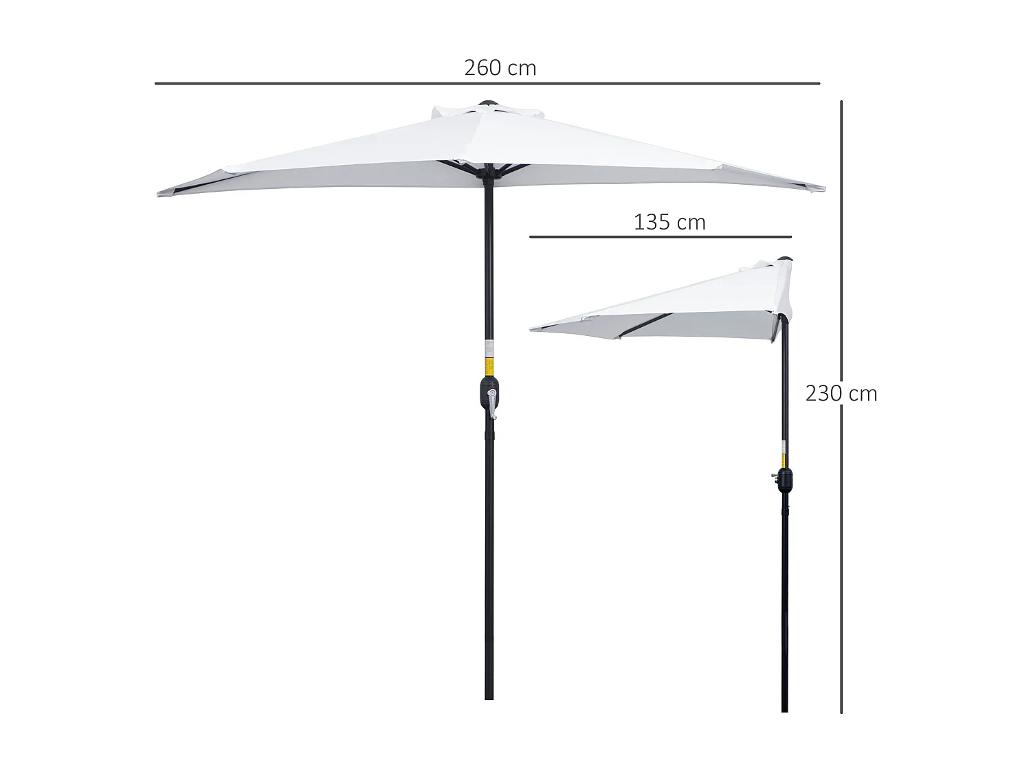 Demi parasol - parasol de balcon - ouverture fermeture manivelle - acier polyester haute densité blanc