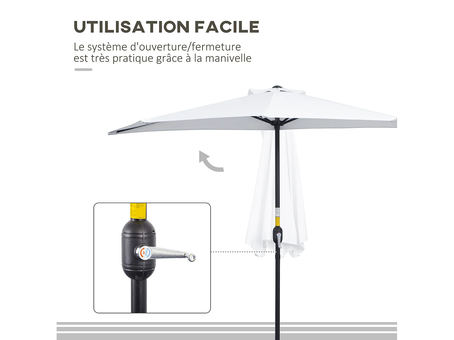 Demi parasol - parasol de balcon - ouverture fermeture manivelle - acier polyester haute densité blanc