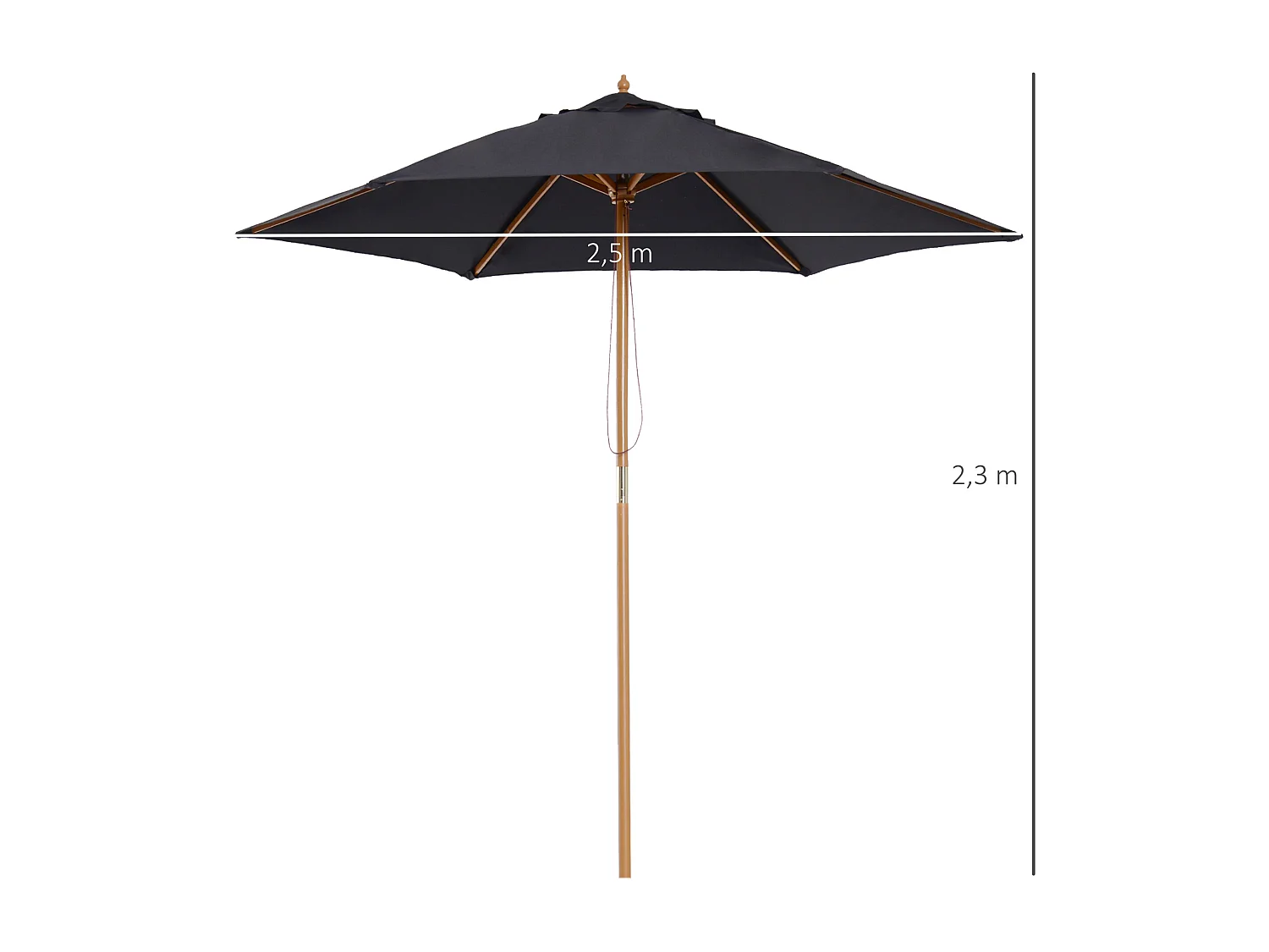 Parasol droit hexagonal grande taille de jardin Ø 2,5 x 2,3H m bois de bambou noir