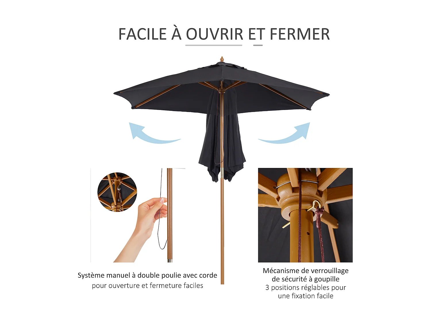 Parasol droit hexagonal grande taille de jardin Ø 2,5 x 2,3H m bois de bambou noir