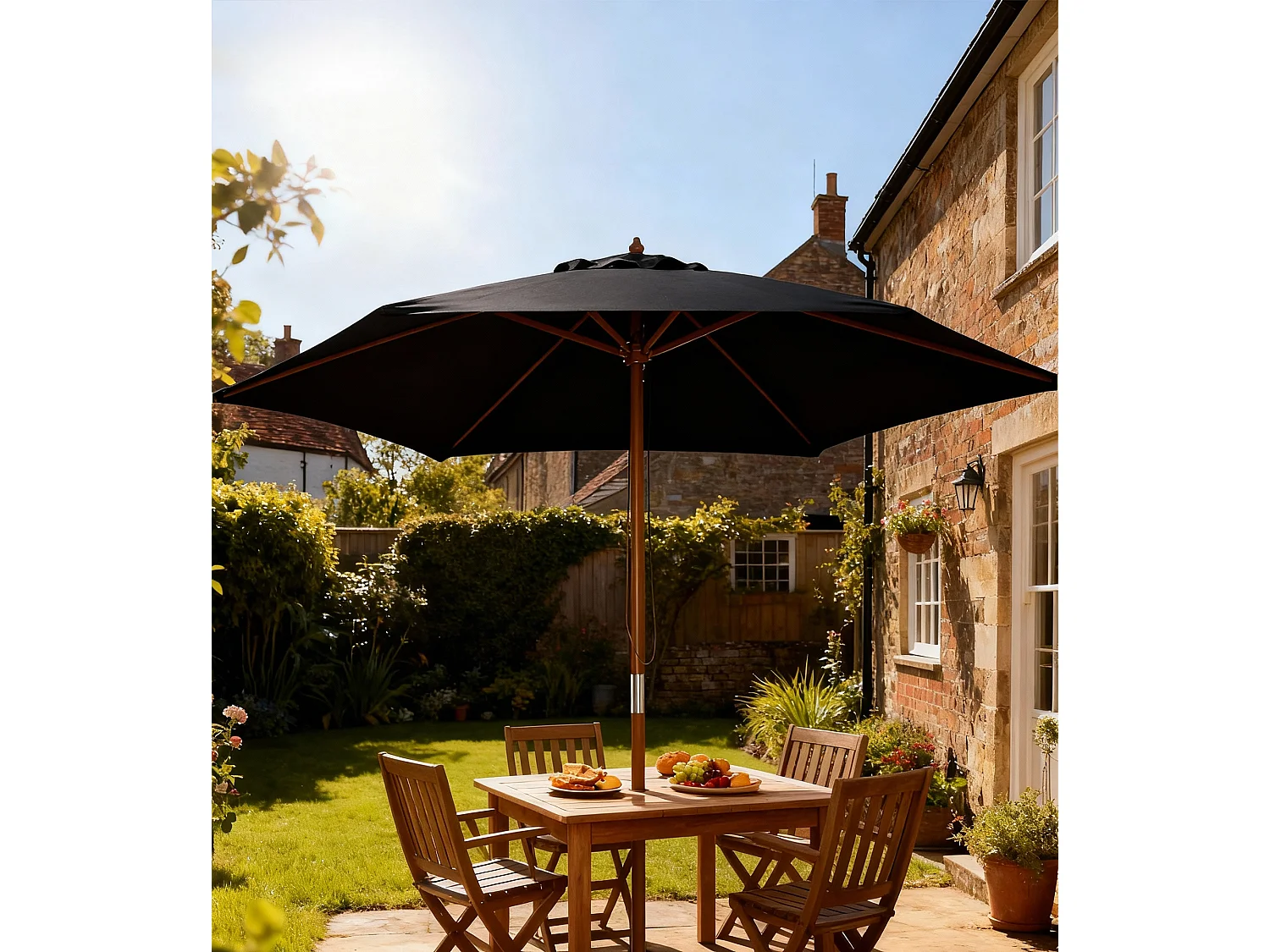 Parasol droit hexagonal grande taille de jardin Ø 2,5 x 2,3H m bois de bambou noir