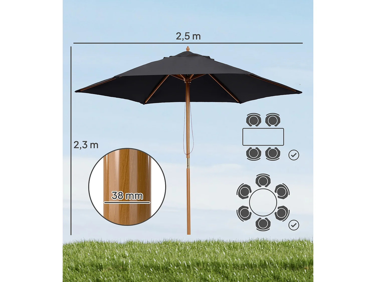Parasol droit hexagonal grande taille de jardin Ø 2,5 x 2,3H m bois de bambou noir