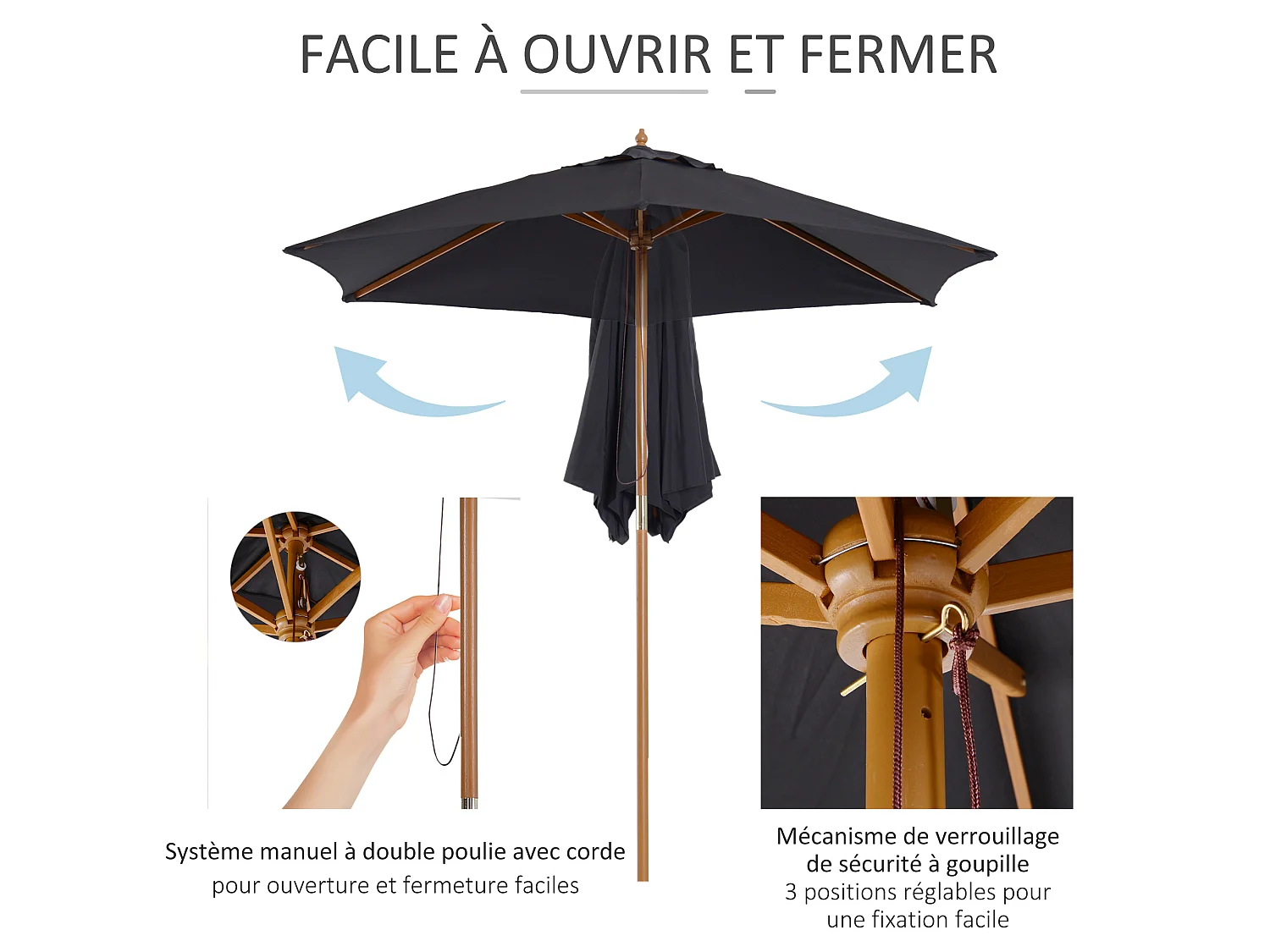 Parasol droit hexagonal grande taille de jardin Ø 2,5 x 2,3H m bois de bambou noir